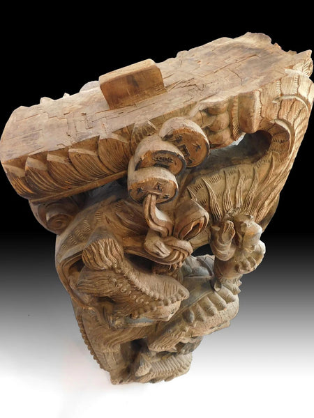 Antique Chinese Carved Hardwood Foo Dog Guardian Lion Pillar Strut Shishi Corbel 四獅子支柱