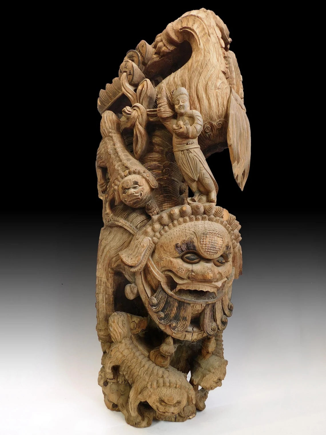 Antique Chinese Carved Hardwood Foo Dog Guardian Lion Pillar Strut Shishi Corbel 四獅子支柱