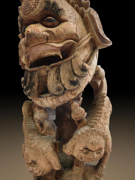 Antique Chinese Carved Hardwood Foo Dog Guardian Lion Pillar Strut Shishi Corbel 四獅子支柱