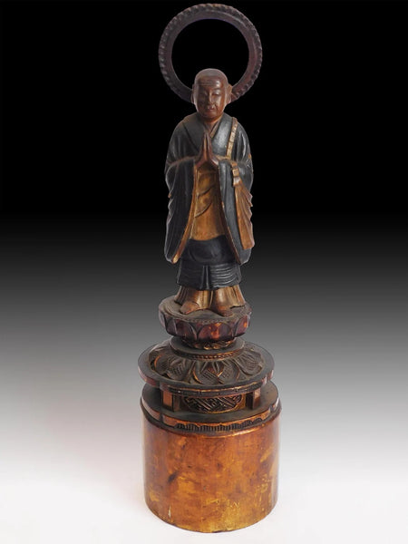 Antique Japanese Carved Jodo Shinshu Honen Shonin Buddha Statue 15 inch H 法然上人