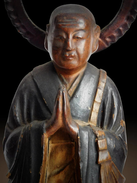 Antique Japanese Carved Jodo Shinshu Honen Shonin Buddha Statue 15 inch H 法然上人