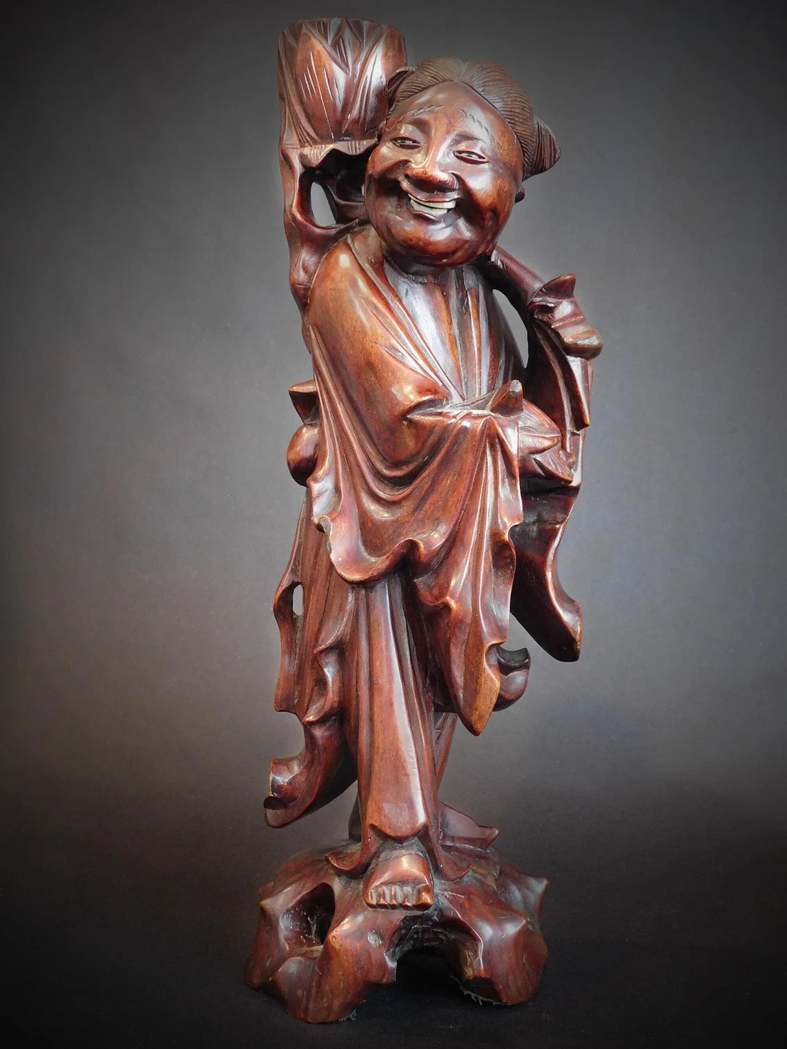 Laughing Taoist Immortal Vintage Chinese Rosewood Buddha Statue 17 inch H 道教大士燭台