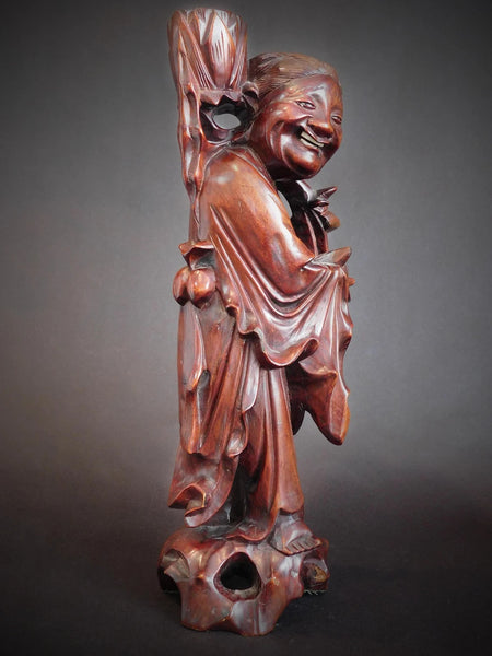 Laughing Taoist Immortal Vintage Chinese Rosewood Buddha Statue 17 inch H 道教大士燭台