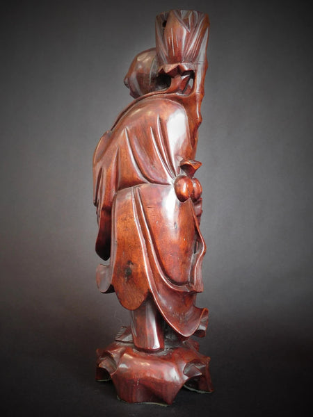 Laughing Taoist Immortal Vintage Chinese Rosewood Buddha Statue 17 inch H 道教大士燭台