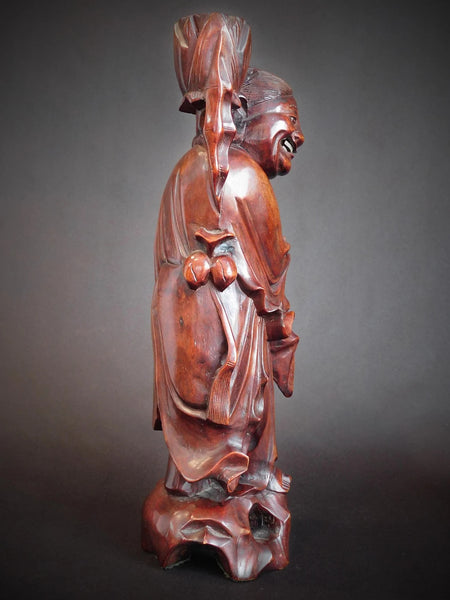 Laughing Taoist Immortal Vintage Chinese Rosewood Buddha Statue 17 inch H 道教大士燭台