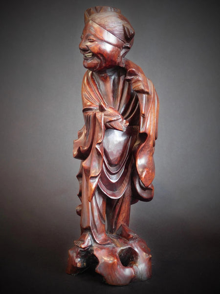 Laughing Taoist Immortal Vintage Chinese Rosewood Buddha Statue 17 inch H 道教大士燭台