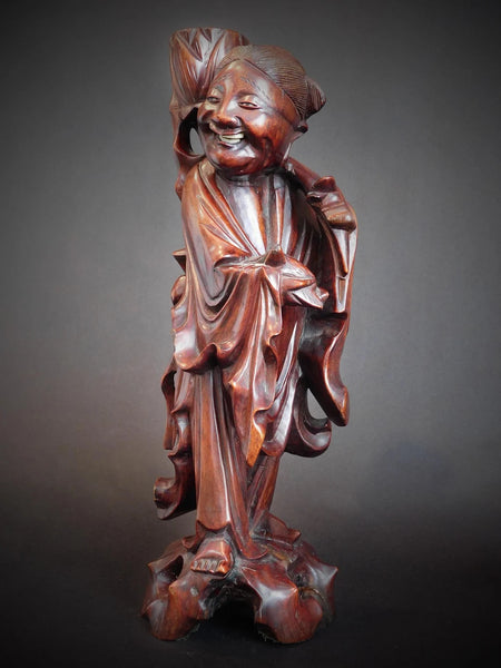 Laughing Taoist Immortal Vintage Chinese Rosewood Buddha Statue 17 inch H 道教大士燭台