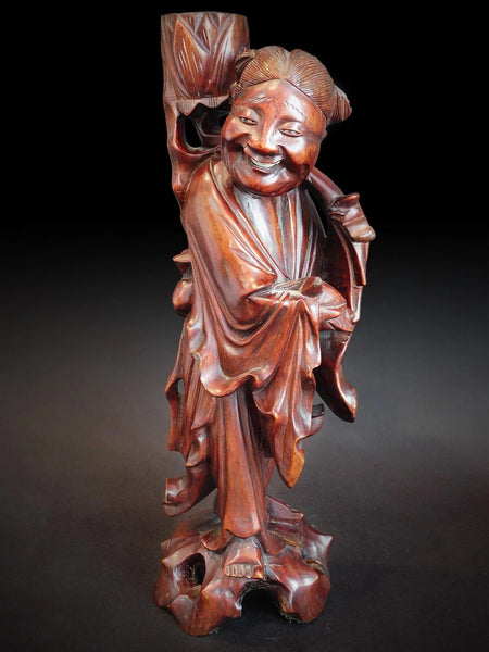 Laughing Taoist Immortal Vintage Chinese Rosewood Buddha Statue 17 inch H 道教大士燭台