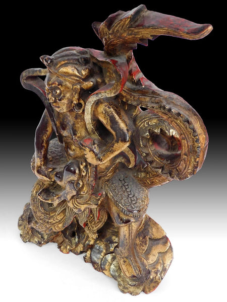 Antique Chinese Monkey King Taming Dragon Lacquer Gilt Wood Carving 孫悟空降龍