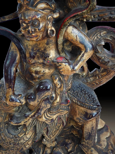 Antique Chinese Monkey King Taming Dragon Lacquer Gilt Wood Carving 孫悟空降龍