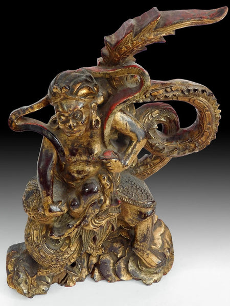 Antique Chinese Monkey King Taming Dragon Lacquer Gilt Wood Carving 孫悟空降龍