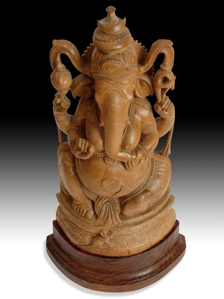 Vintage Sandalwood Four Armed Ganesha God of Wealth Buddha Statue 象头神