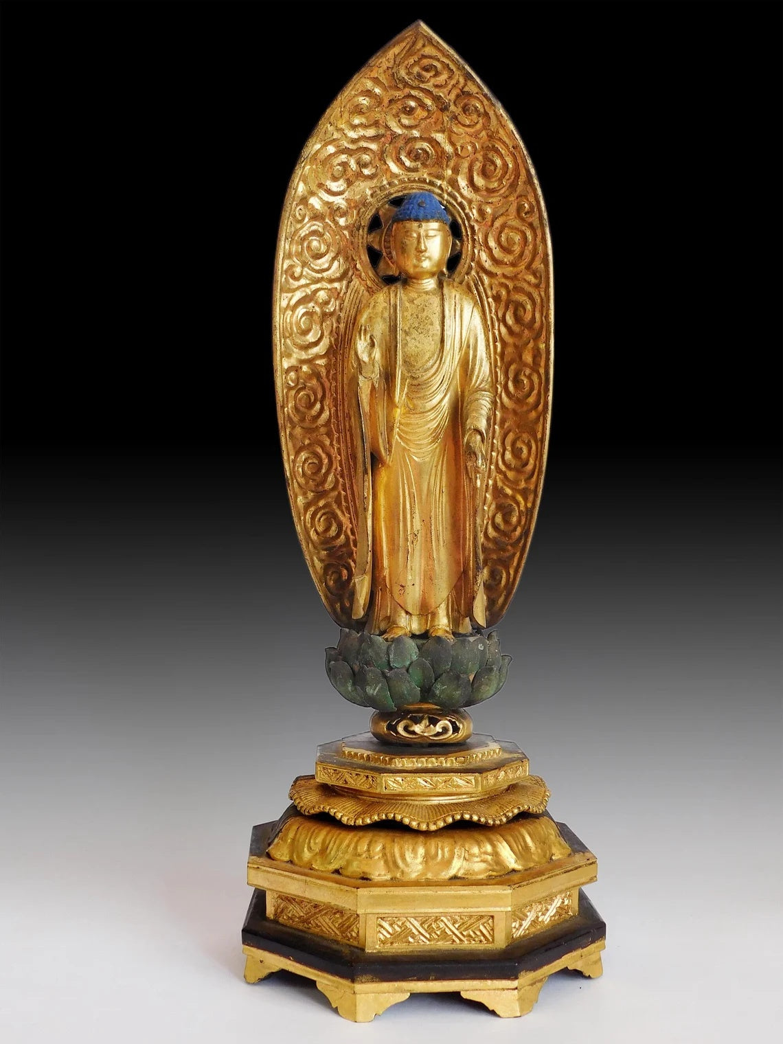 Antique Japanese Meiji Gilt Wood Amida Nyorai Buddha Statue 18 inch H 阿弥陀如来