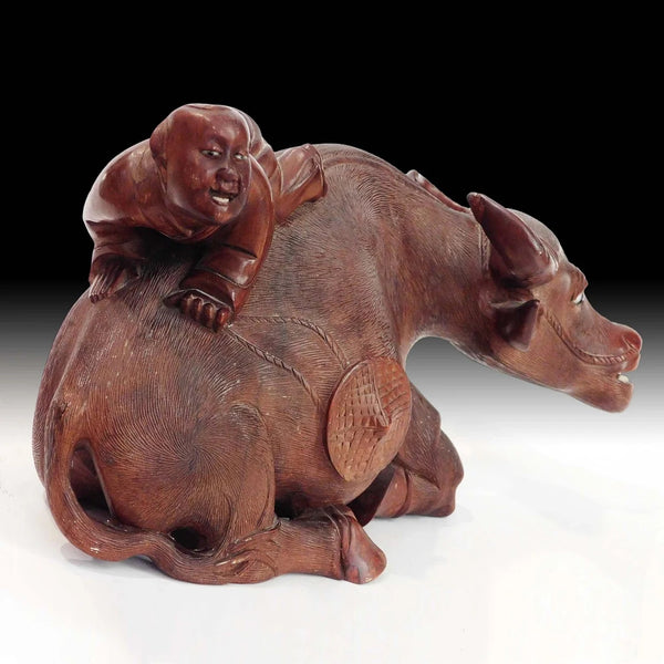 Antique Chinese Boy Taming Ox Zen Enlightenment Rosewood Carving 牧童放牛