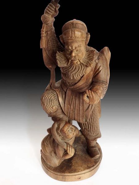 Vintage Chinese Demon Hunter Shoki Zhong Kui Boxwood Carving 15"H 鍾馗打鬼