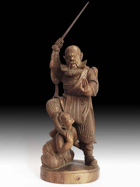 Vintage Chinese Demon Hunter Shoki Zhong Kui Boxwood Carving 15"H 鍾馗打鬼