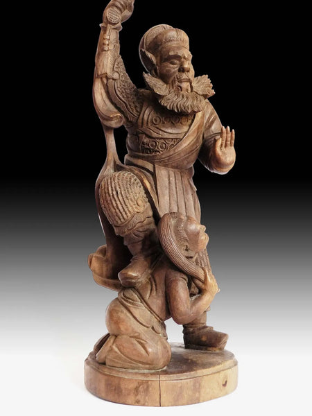 Vintage Chinese Demon Hunter Shoki Zhong Kui Boxwood Carving 15"H 鍾馗打鬼