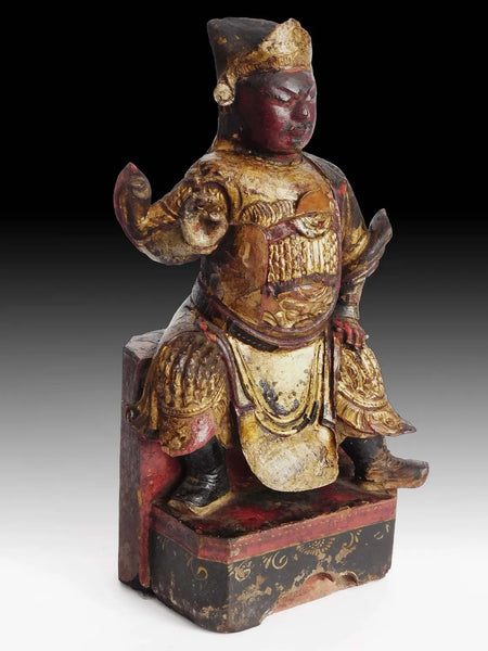 Antique Gilt Wood Tsai Shan God of Wealth Home Shrine Buddha Statue 清朝財神