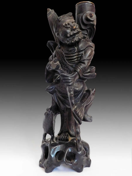 Antique Chinese Silver Wired Ebony Wood Taoist Immortal Li Tieguai Buddha Statue 李鐵拐