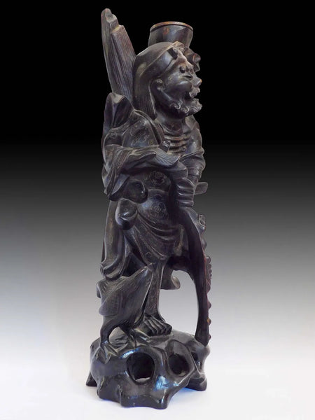 Antique Chinese Silver Wired Ebony Wood Taoist Immortal Li Tieguai Buddha Statue 李鐵拐