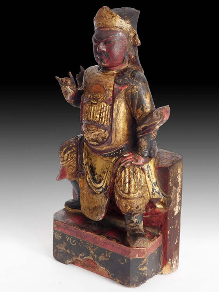 Antique Gilt Wood Tsai Shan God of Wealth Home Shrine Buddha Statue 清朝財神