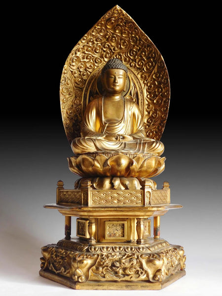 Edo Amida Nyorai Antique Japanese Gilt Wood Amitabha Buddha Shrine 18 inch H 阿弥陀如来