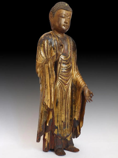 Japanese Muromachi Gilt Wood Amida Nyorai Antique Buddha Zushi Shrine Statue 29”H 桃山大佛