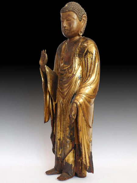 Japanese Muromachi Gilt Wood Amida Nyorai Antique Buddha Zushi Shrine Statue 29”H 桃山大佛