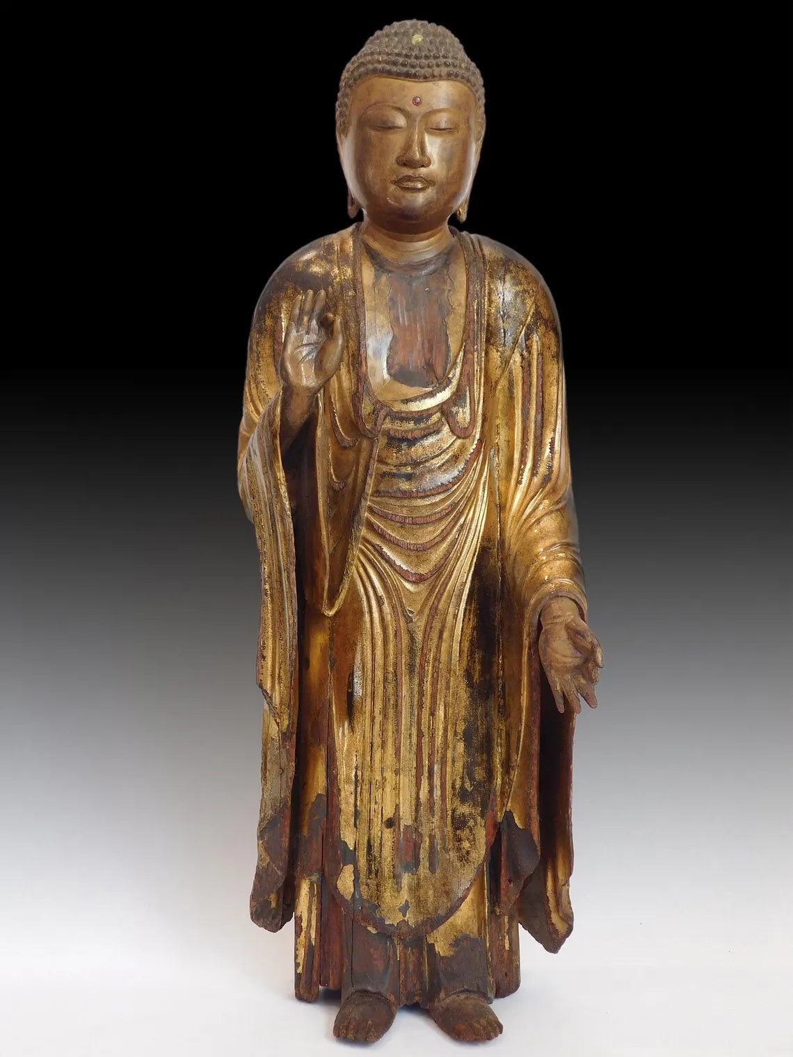 Japanese Muromachi Gilt Wood Amida Nyorai Antique Buddha Zushi Shrine Statue 29”H 桃山大佛