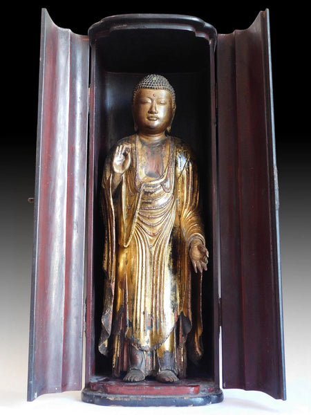 Japanese Muromachi Gilt Wood Amida Nyorai Antique Buddha Zushi Shrine Statue 29”H 桃山大佛