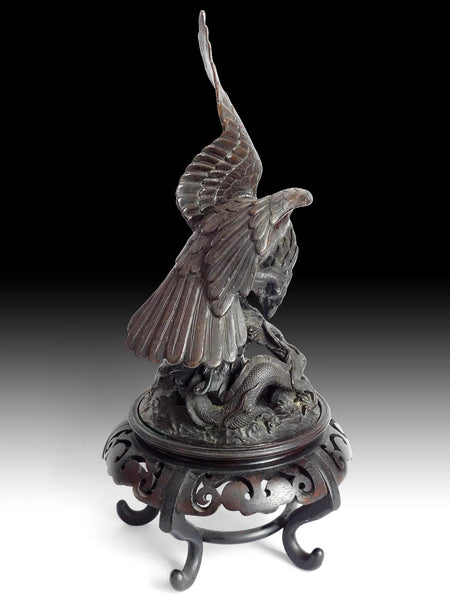 Vintage Japanese Cast Bronze Soaring Eagle Fighting Dragon Okimono Statue 銅鷹鬥龍