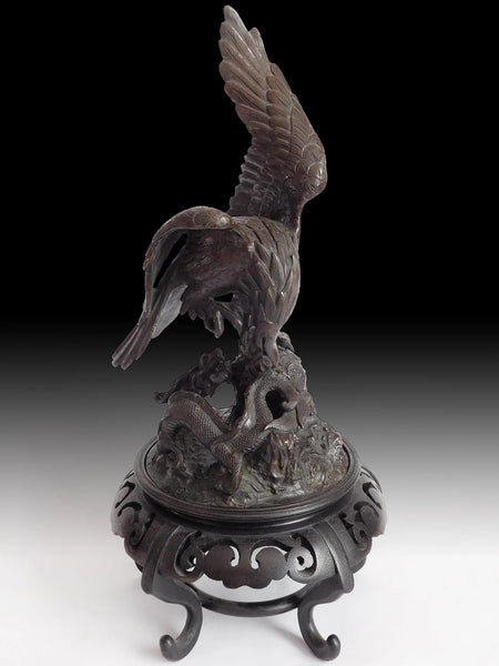 Vintage Japanese Cast Bronze Soaring Eagle Fighting Dragon Okimono Statue 銅鷹鬥龍