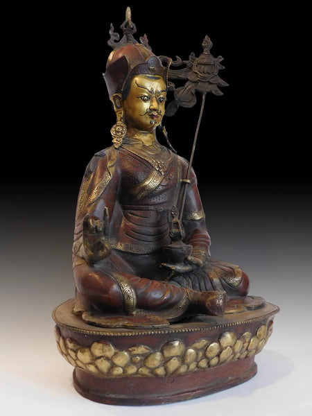 Antique Chinese Copper Gold Gilt Bronze Padmasambhava Buddha Statue 18&quot;H 蓮花生大士