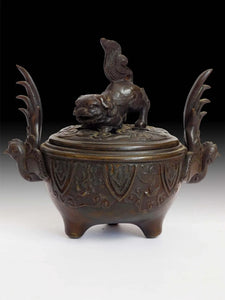 Vintage Japanese Shishi Lion Phoenix Bronze Incense Burner Koro Censer 獅子香炉