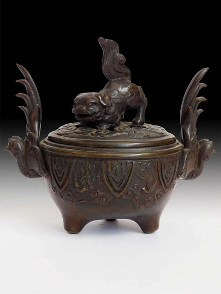 Vintage Japanese Shishi Lion Phoenix Bronze Incense Burner Koro Censer 獅子香炉