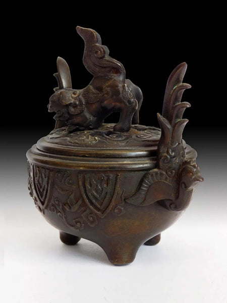 Vintage Japanese Shishi Lion Phoenix Bronze Incense Burner Koro Censer 獅子香炉