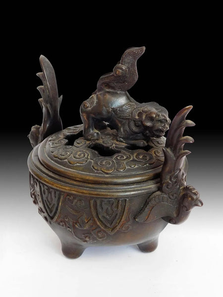 Vintage Japanese Shishi Lion Phoenix Bronze Incense Burner Koro Censer 獅子香炉