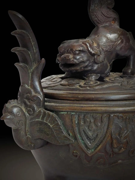 Vintage Japanese Shishi Lion Phoenix Bronze Incense Burner Koro Censer 獅子香炉