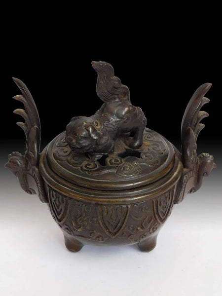 Vintage Japanese Shishi Lion Phoenix Bronze Incense Burner Koro Censer 獅子香炉