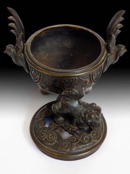 Vintage Japanese Shishi Lion Phoenix Bronze Incense Burner Koro Censer 獅子香炉