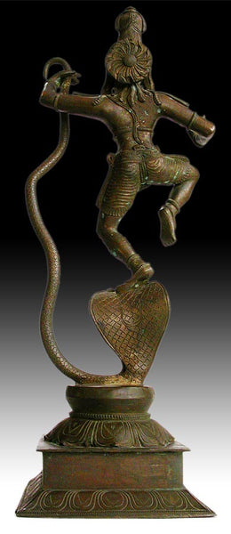 Antique Chola Style Hindu Bronze Krishna Dancing On Kaliya Nag Serpent 18H