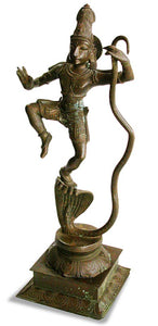 Antique Chola Style Hindu Bronze Krishna Dancing On Kaliya Nag Serpent 18H