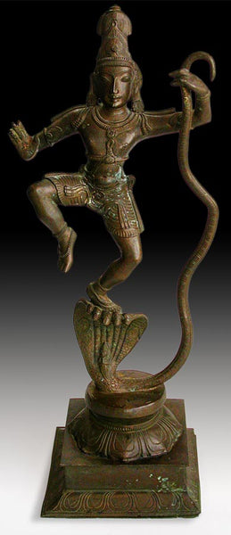 Antique Chola Style Hindu Bronze Krishna Dancing On Kaliya Nag Serpent 18H