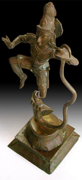 Antique Chola Style Hindu Bronze Krishna Dancing On Kaliya Nag Serpent 18H