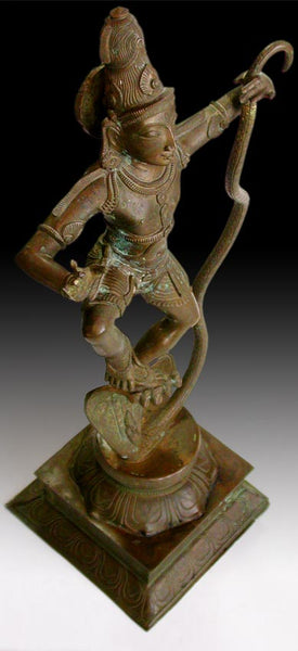 Antique Chola Style Hindu Bronze Krishna Dancing On Kaliya Nag Serpent 18H