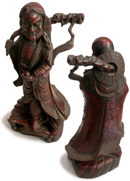 19th Century Antique Chinese Lacquered Camphor Wood Zen Master Bodhidharma Statue