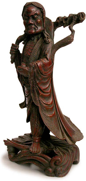 19th Century Antique Chinese Lacquered Camphor Wood Zen Master Bodhidharma Statue