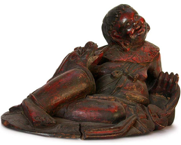 19th Century Chinese Lacquered Wood Buddha Lui Hai and Frog