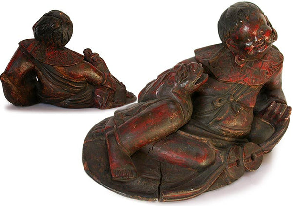 19th Century Chinese Lacquered Wood Buddha Lui Hai and Frog