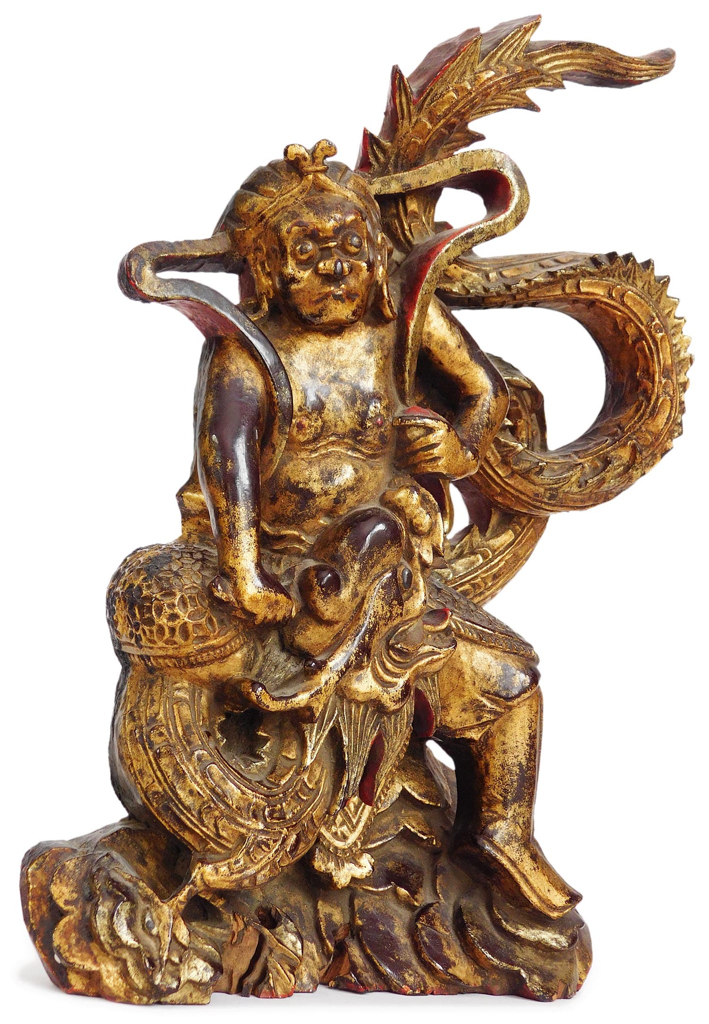 Antique Chinese Monkey King Taming Dragon Lacquer Gilt Wood Carving 孫悟空降龍